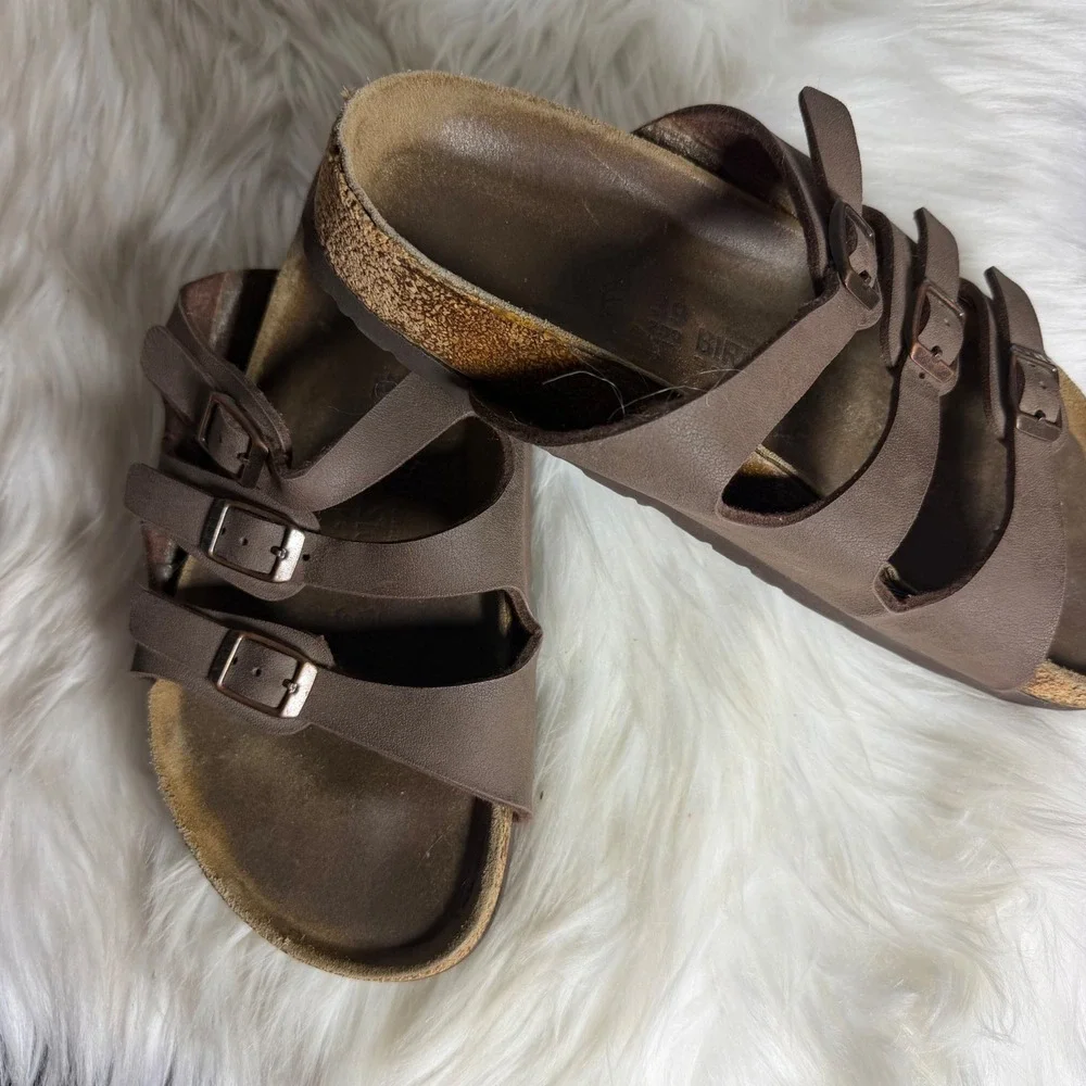 Birkenstock Florida Brown Three Strap Birko-Flor Slide Sandals‎ Size 38 L7 M5